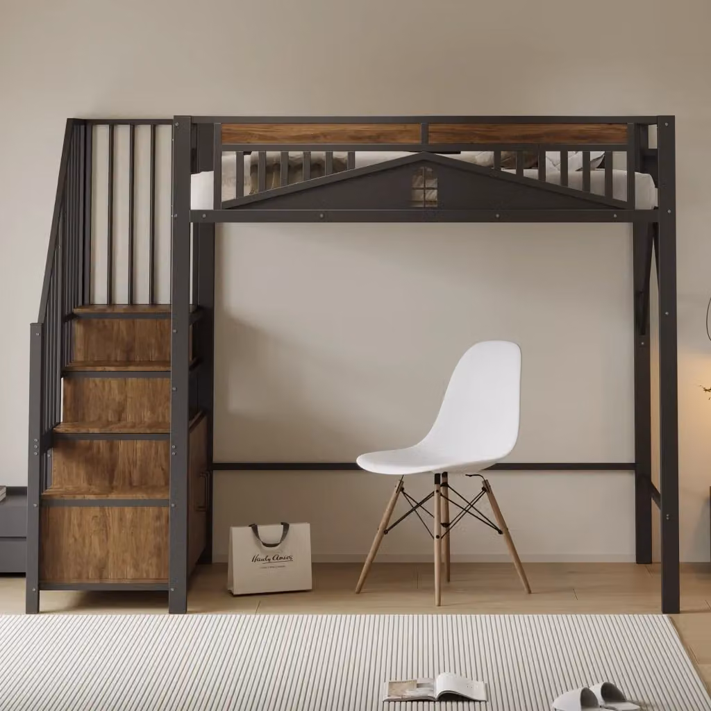 Letto a soppalco singolo OKWISH nero con scala contenitore, armadietto e finestra, L/P/H: 200 x 90 x 170 cm – 2