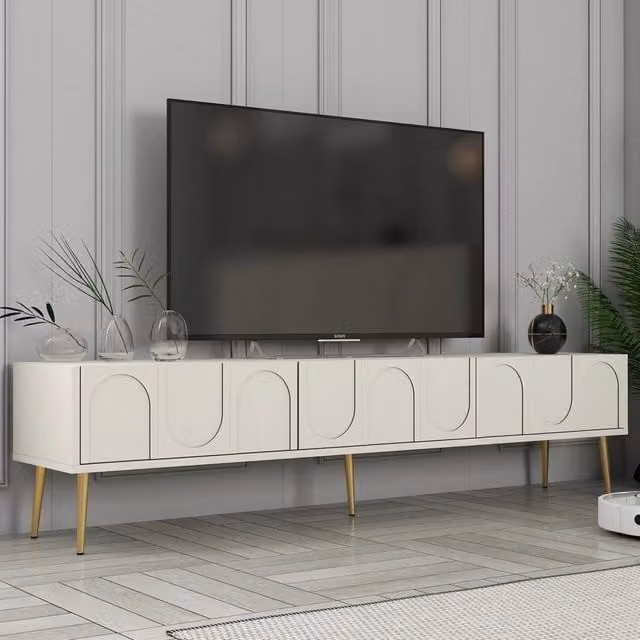 Mobile Porta TV Marnate DMORA con 3 Ante, Bianco Crema e Oro, L: 180 cm, P: 35 cm, H: 43 cm – 1