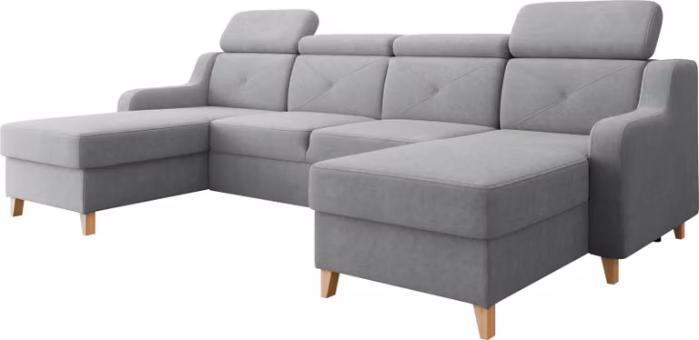 MIRJAN24 Divano componibile Marbella U, divano angolare per soggiorno con due contenitori portaoggetti e funzione letto, forma a "U", gambe in legno, poggiatesta regolabili (colore: Paros 05)