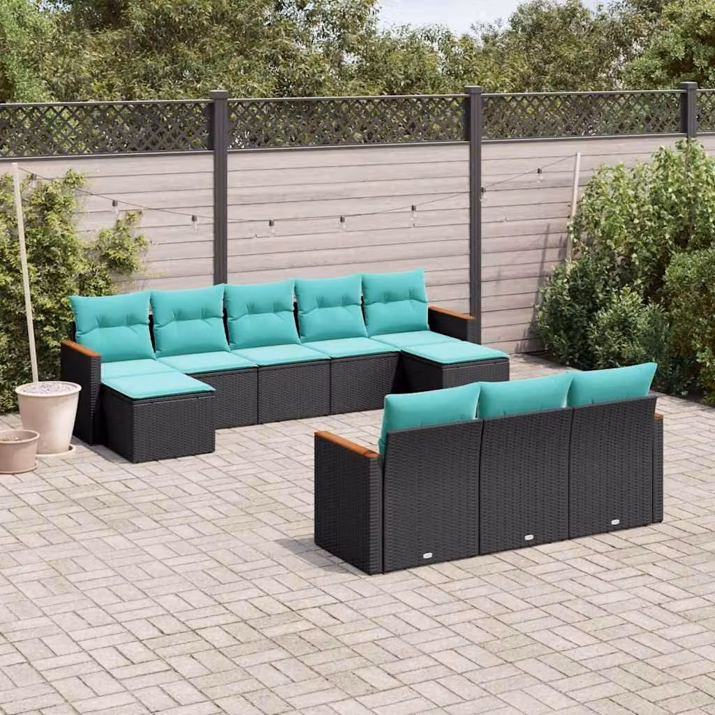 Set di divani da giardino vidaXL a forma di U composto da 10 pezzi con cuscini blu e struttura in polyrattan nero e acciaio con coperture rimovibili