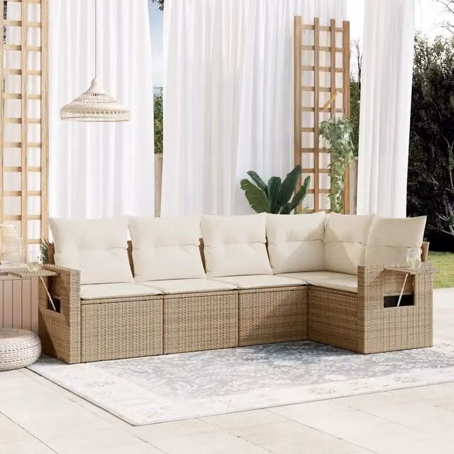 Set Divano da Giardino Moderno VIDAXL in Polyrattan Beige con 5 Cuscini a Forma di L