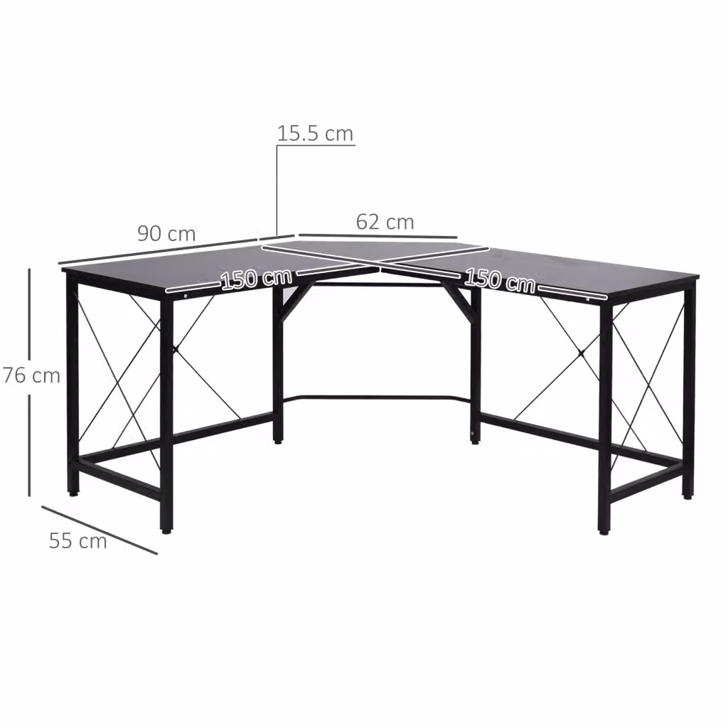 Scrivania angolare a L Mivray moderna con piano in MDF laminato nero e struttura in metallo L/P/H: 150 x 150 x 76 cm – 2
