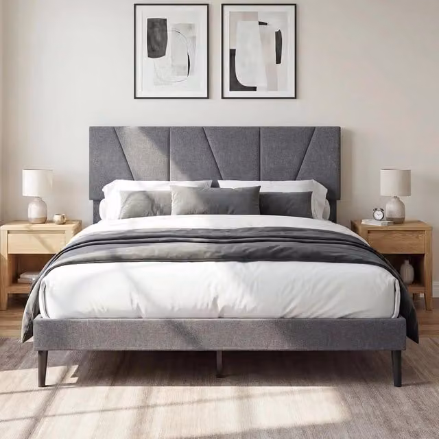 Letto Matrimoniale Piattaforma Costway Rivestito in Lino Grigio con Testiera Regolabile e Doghe in Legno L/P: 160 x 200 cm – 1