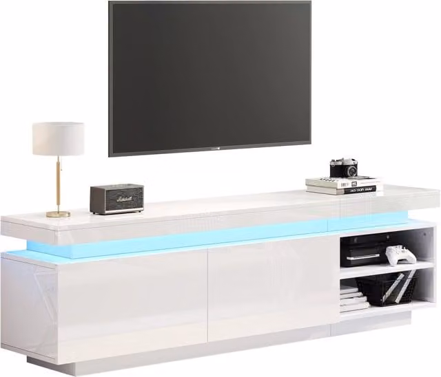 Mobile TV LED con 2 ante e 2 vani aperti, passacavi posteriori, finitura bianco lucido per soggiorno, 170 × 35 × 50 cm