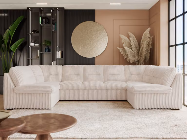 Divano XXL a U beige, divano componibile a U con funzione letto, divano letto, divano letto, divano da salotto con funzione letto - Comodo U - Velluto a righe beige
