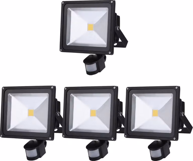 Greenmigo 4 faretti LED da 30 W + sensore di movimento, luce bianca calda, illuminazione di oggetti, faretti da esterno, faretti da parete, proiettori, lampada da giardino, IP65, 85 V-265 V