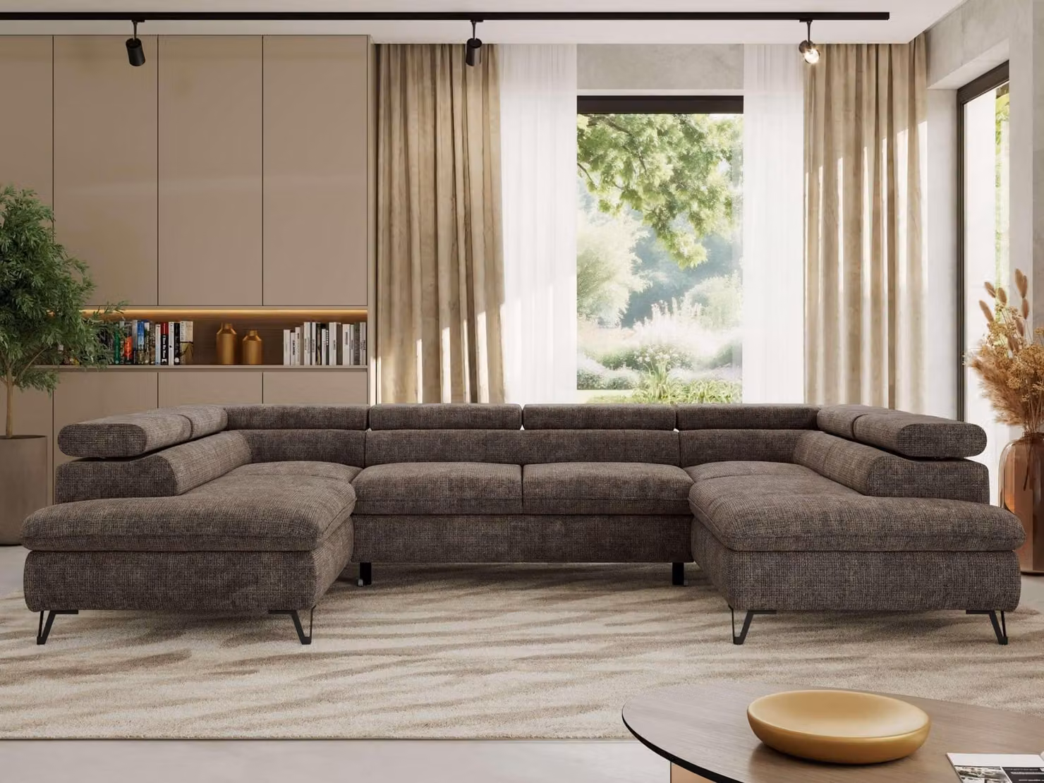 Divano angolare con funzione letto, contenitore, forma a U, poggiatesta regolabili, divano da salotto con topper Visco - PABLO U - Ciniglia grossa - Marrone