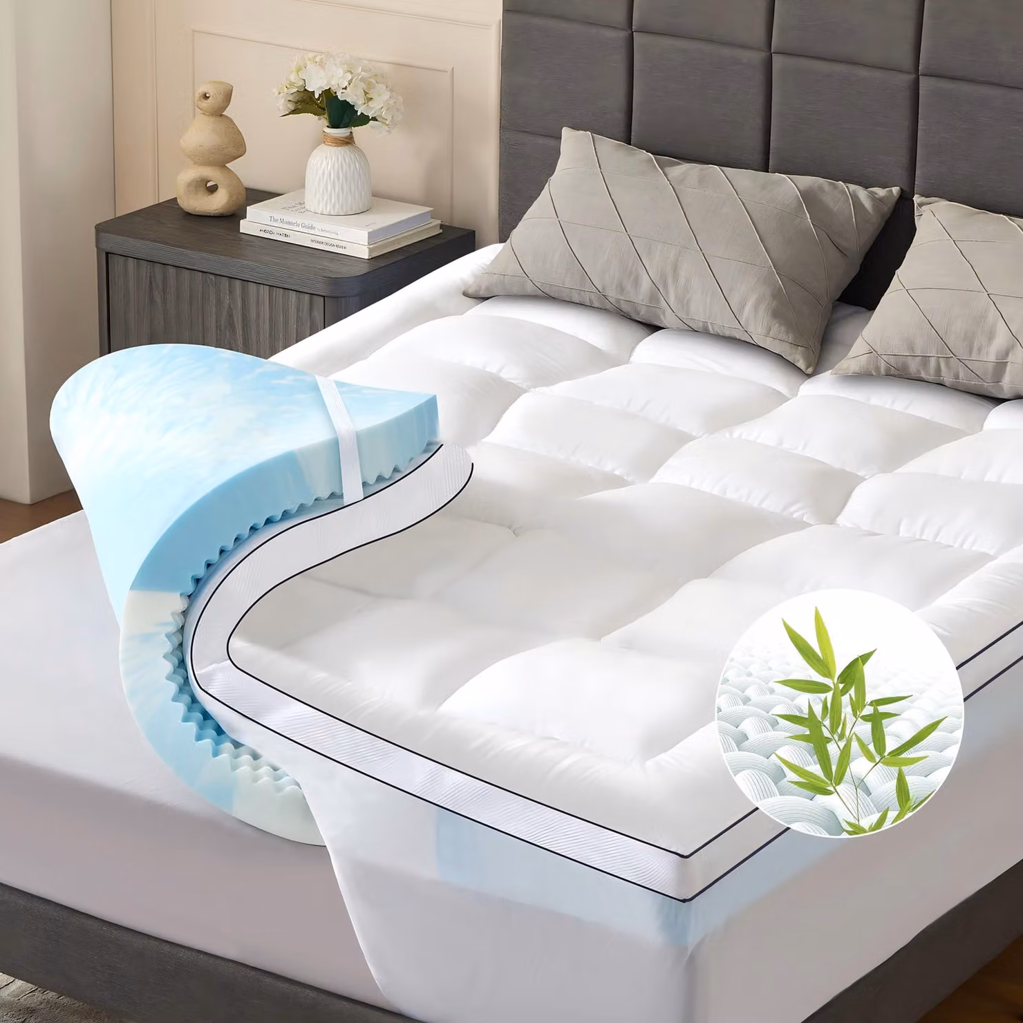 Coprimaterasso Niceluck-NicePlus con piumino, 180x200x10 cm, schiuma gel a 5 zone - Per un sonno ristoratore, rete a maglie a 360° adatta a tutti i materassi