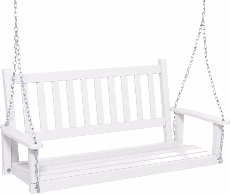 KOMFOTTEU Panchina sospesa in legno di pioppo, panca a dondolo a 2-3 posti con catene metalliche regolabili, sedia sospesa con schienale a doghe, (bianca)