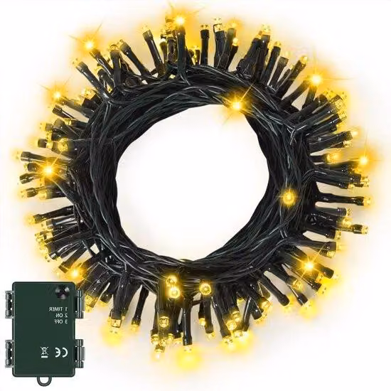 Luci natalizie 10 m, 100 LED, bianco caldo, alimentate a batteria, timer da 6 ore, impermeabili, per interni ed esterni, cavo verde scuro
