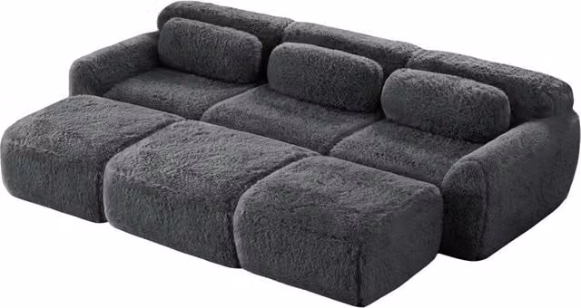 Divano modulare 3 posti Boneless Cloud in tessuto vellutato grigio con 3 pouf