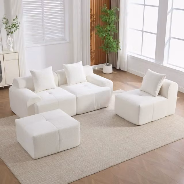 Divano angolare modulare con 4 moduli in tessuto effetto corda schiuma memory e senza montaggio per soggiorno beige
