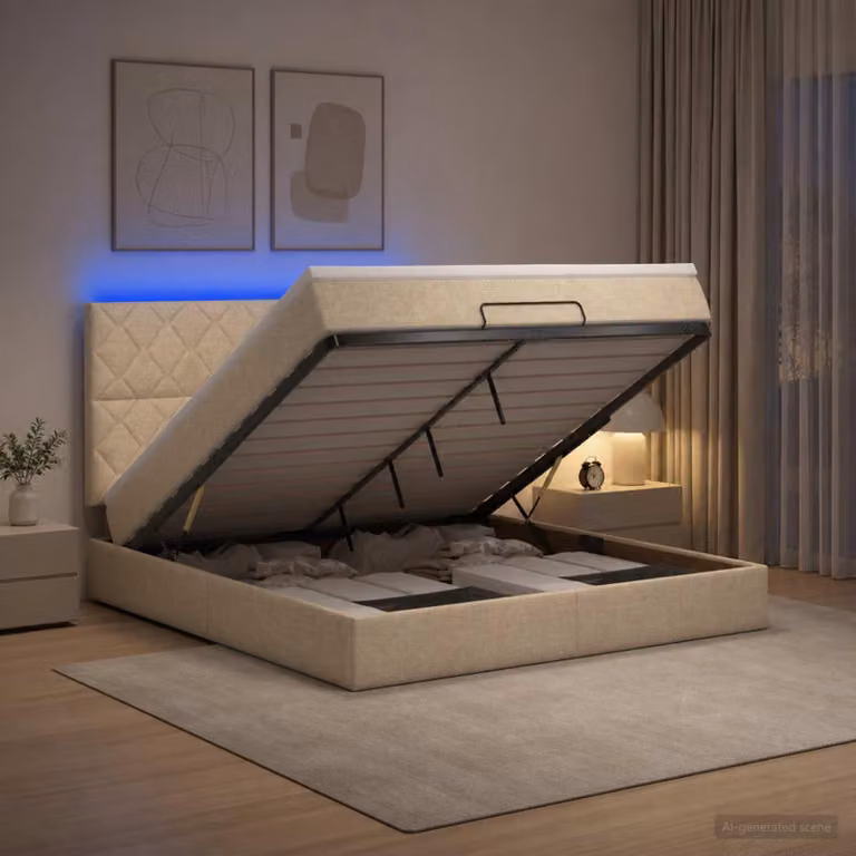 Panca-letto ottomana con materasso e illuminazione LED, dimensioni 140 x 200 cm, rivestita in tessuto