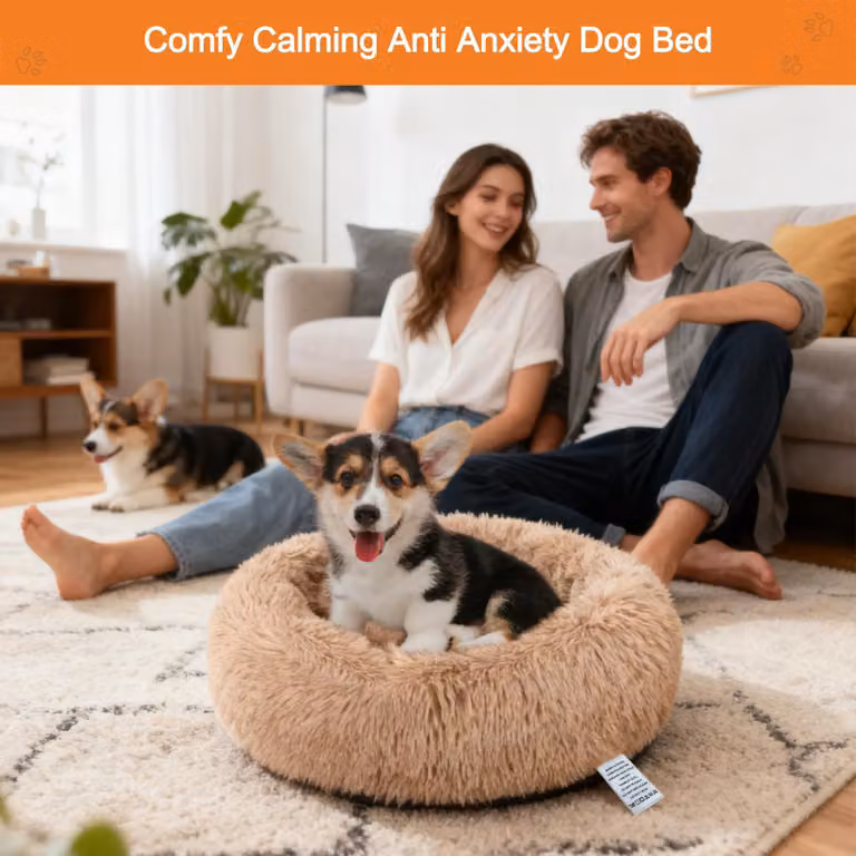 Cuccia per cani da 80 cm, forma a ciambella, antistress, in peluche, color beige, adatta a cani e gatti, lavabile in lavatrice