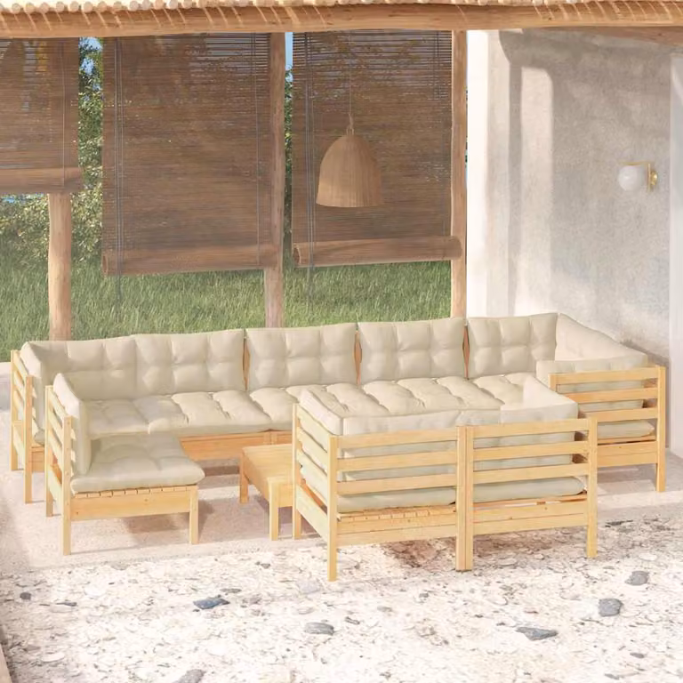 vidaXL Set Divani da Giardino 10 pz a Forma a U in Legno di Pino Massello con Cuscini Beige