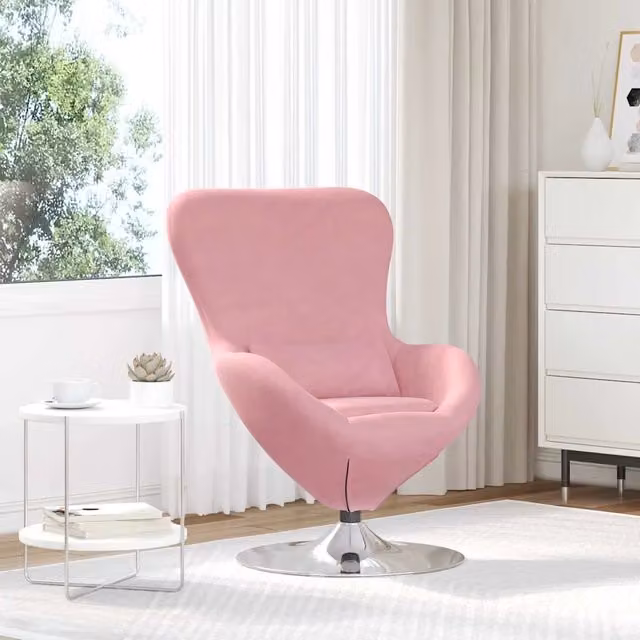 Poltrona Lounge Design Uovo in Velluto Rosa con Struttura in Metallo e Base Girevole 360 gradi