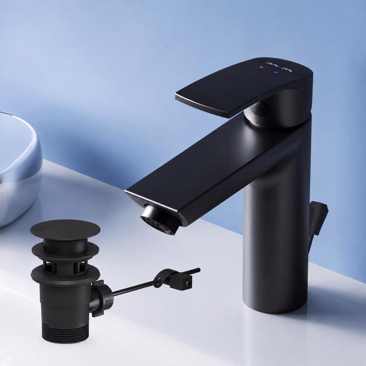 Miscelatore monocomando per lavabo, colore nero, altezza 147 mm, completo di gruppo di scarico