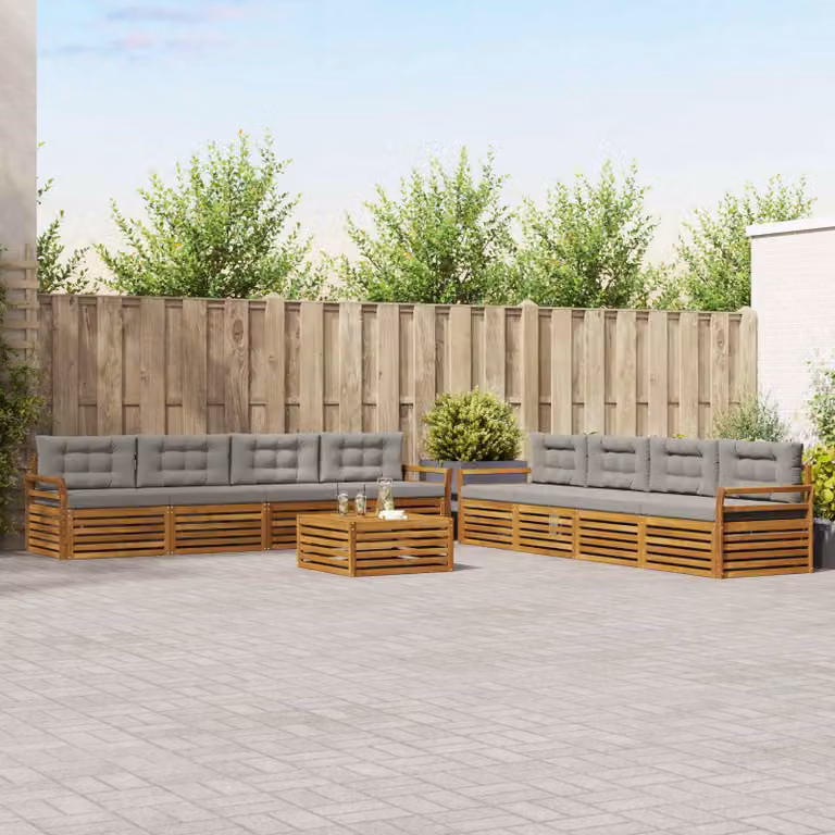 vidaXL Set di divani da esterno a forma di U composto da 9 pezzi in legno di acacia con cuscini, colori beige, grigio e marrone