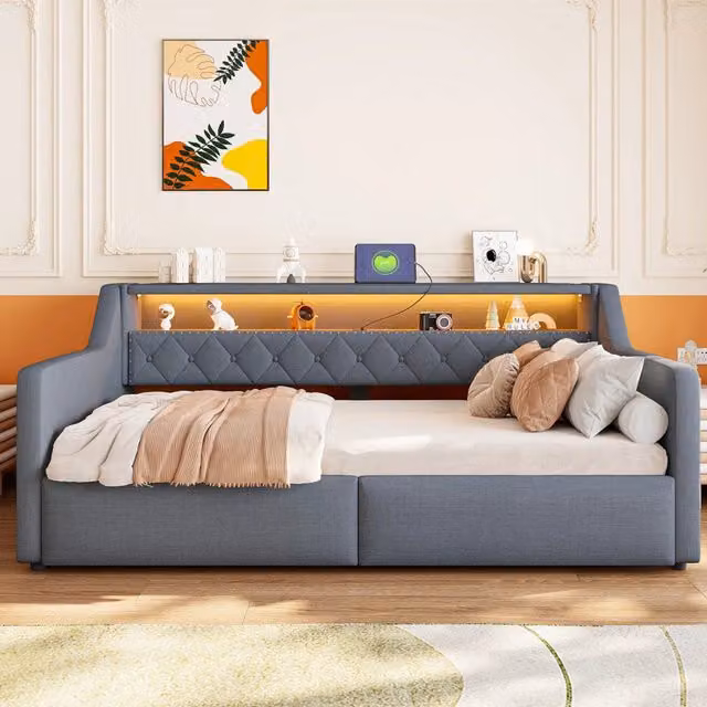 Letto da giorno ULEVR 90x200 cm con contenitore idraulico, LED multicolore, USB e USB-C, grigio