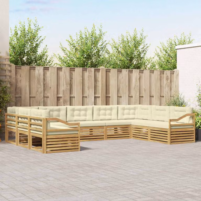 vidaXL Set di divani da esterno a L in legno di acacia con cuscini, Bianco e Beige