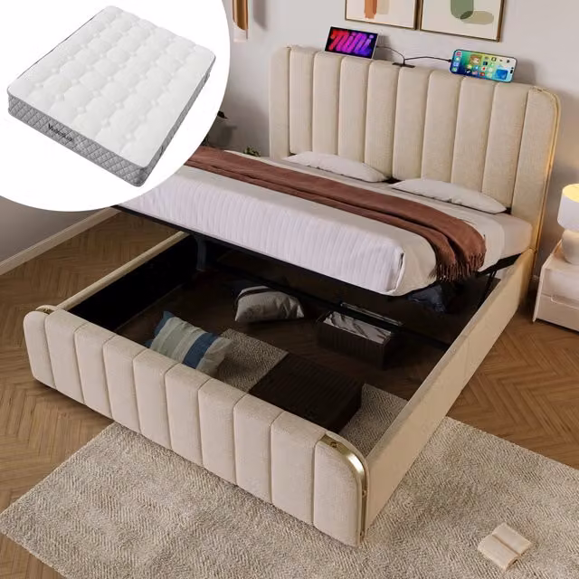 letto imbottito lino beige 140 x 200 cm