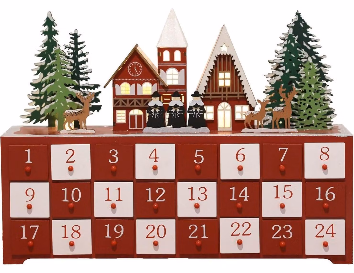 Calendario dell'Avvento in legno, fatto a mano, con 24 cassetti e una scena di villaggio illuminata