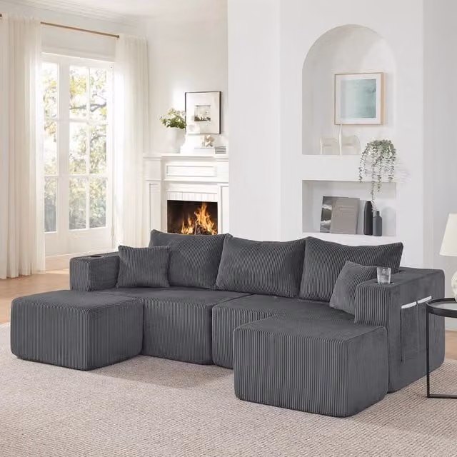 Divano angolare 3 posti ¨C Minimal ¨C velluto grigio imbottito con cuscini