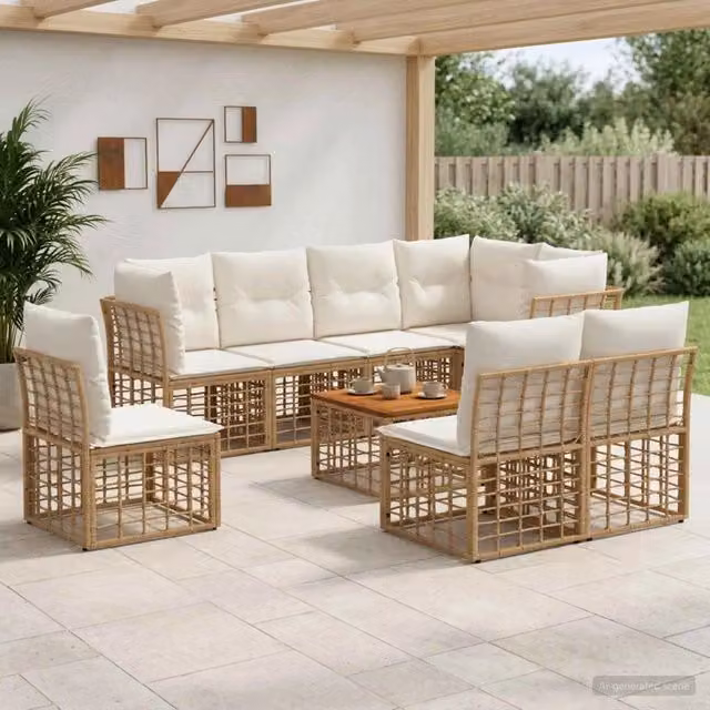 Set di divani da esterno 9 pz Naturale e Bianco Crema 3437486