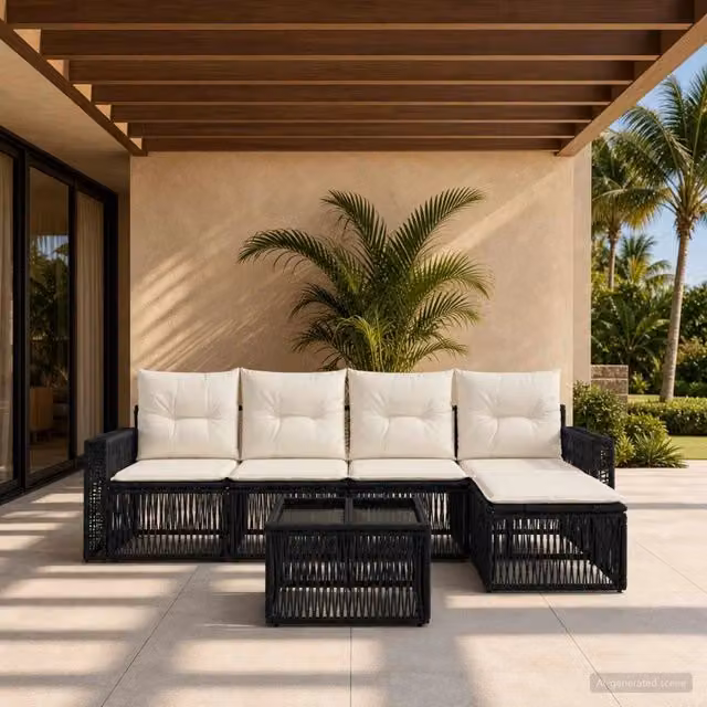 Set da giardino moderno vidaXL a 6 pezzi con divano a L, tavolino e pouf in rattan nero e bianco con cuscini inclusi – 1