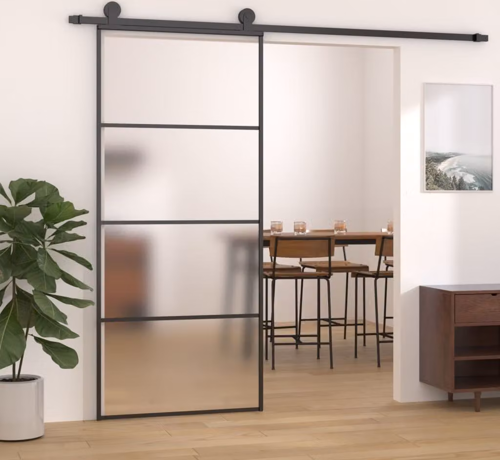 The Living Store Porta scorrevole ESG in vetro e alluminio opaco 90x205 cm Nero