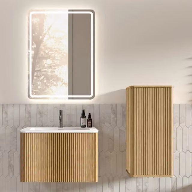 Armadietto da bagno moderno con specchio LED antinebbia e lavabo, mobile sospeso con colonna, in MDF, rovere