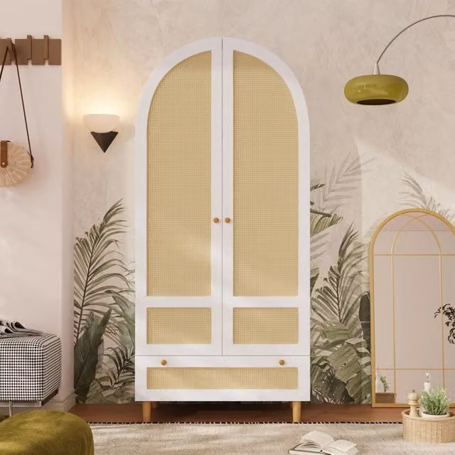 Armadio, design ad arco, stile intrecciato, con cassetti, 80 x 50 x 180 cm, bianco e color legno naturale