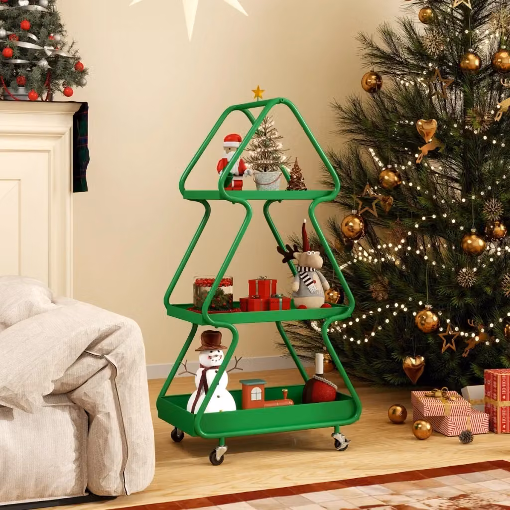 Carrello natalizio girevole a 3 livelli con stella in alto DESIGN IN in metallo verde opaco con ruote – 2