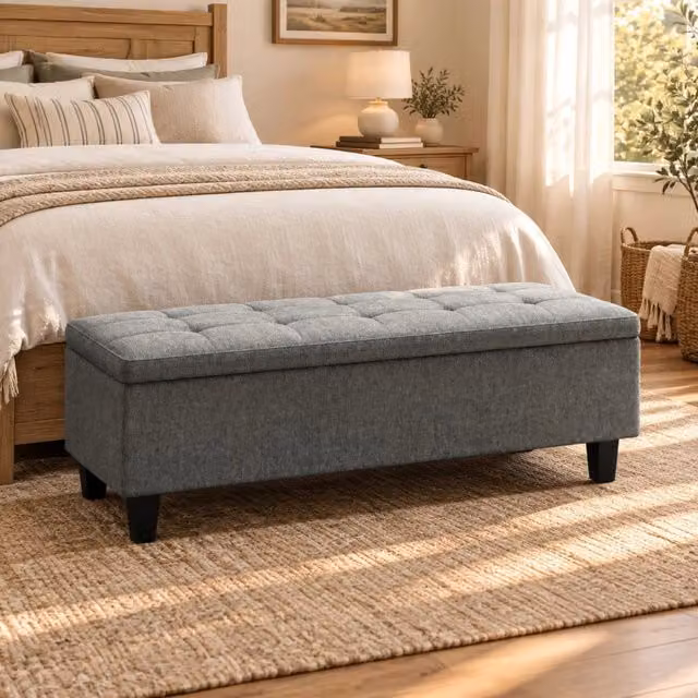 Panca contenitore imbottita con vano portaoggetti e gambe in legno in tessuto effetto lino grigio scuro 138×40×45 cm