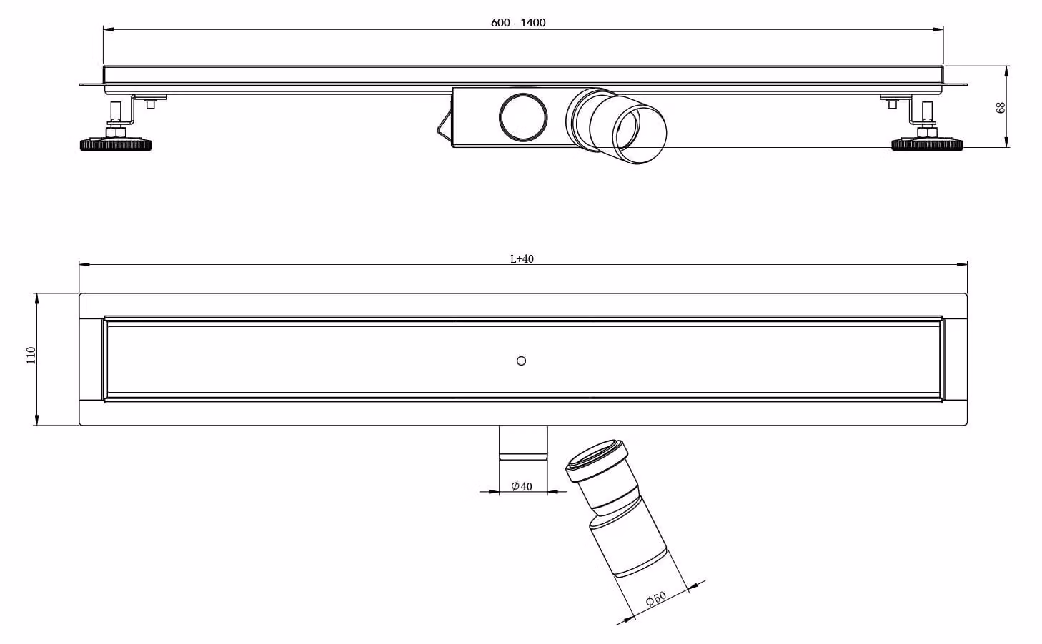 Canaletta doccia professionale rivestibile 2in1 60-140 cm in acciaio inossidabile SU 316, dimensioni: 70 cm