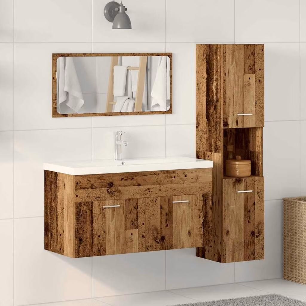 Set di mobili da bagno vidaXL 3 pezzi in legno color marrone antico con specchio e armadietto L/P/H: 90,0 x 38,5 x 46,0 cm