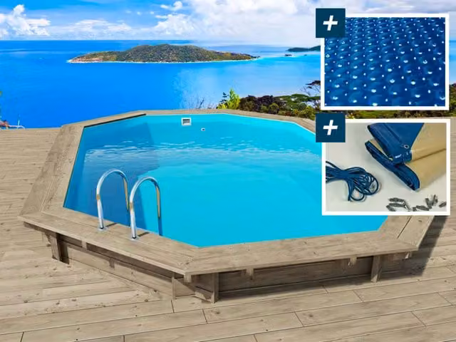 Piscina fuori terra ovale in legno Havana Habitat et Jardin, colore marrone e blu, con L/P/H: 757 x 407 x 144 cm, completa di pompa, filtro, copertura a bolle e copertura invernale