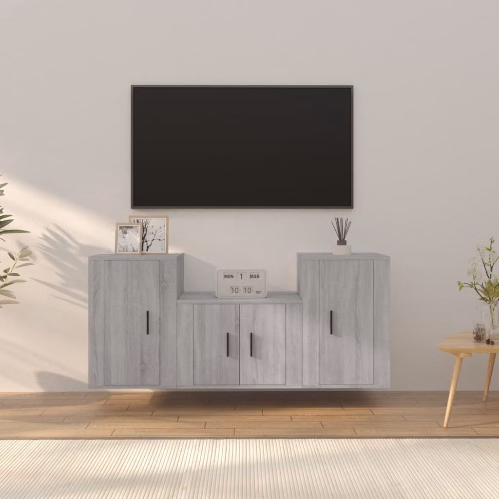 Set di mobili porta TV moderno vidaXL in legno multistrato grigio per soggiorno con scomparti multimediali e montaggio a parete