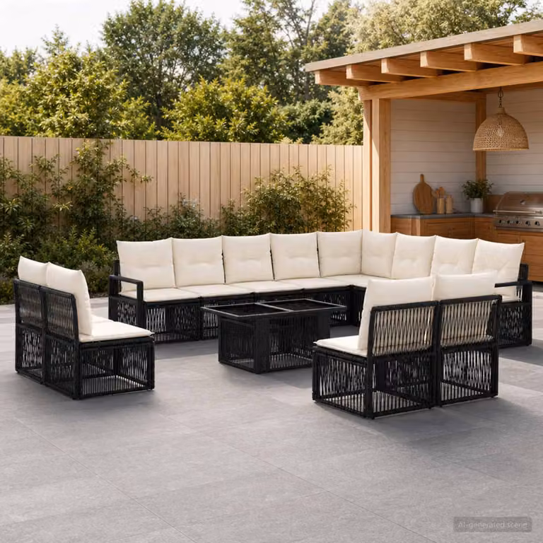 Set Divano da Giardino vidaXL 13 pz Moderno a Forma di L in Polyrattan Nero e Bianco con Cuscini e Tavolino da Caffè