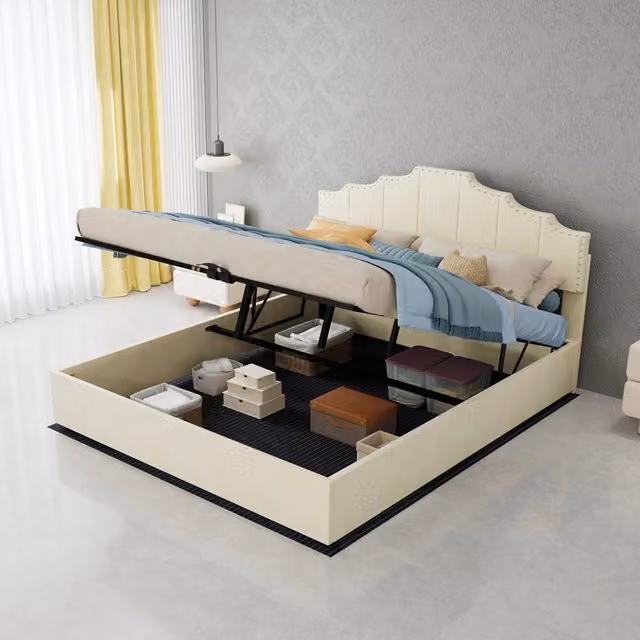 Letto contenitore matrimoniale 160×200 cm con testiera imbottita e rete sollevabile, materasso incluso, beige