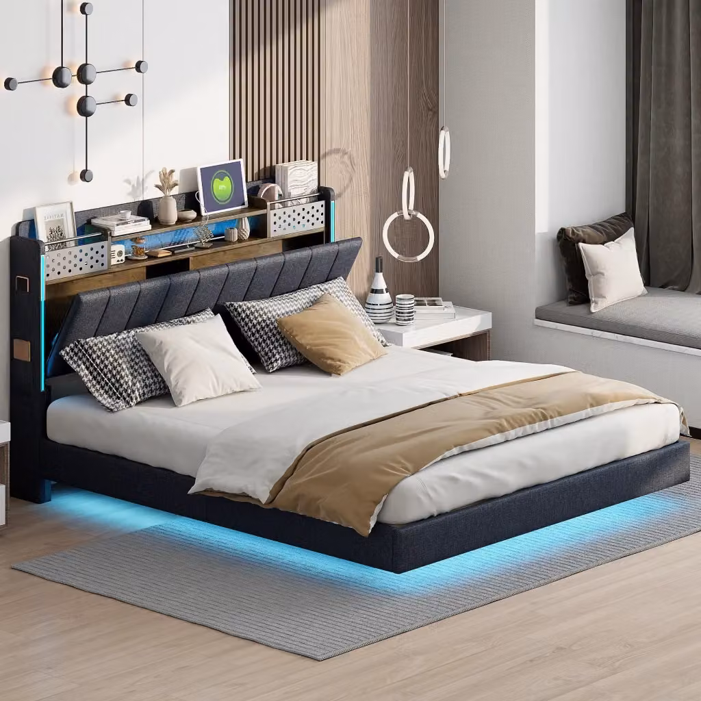 Letto matrimoniale Mivray imbottito in tessuto grigio con illuminazione LED, porta USB, vano contenitore e ripiani laterali L/P/H: 165.5 x 160 x 222.5 cm – 2