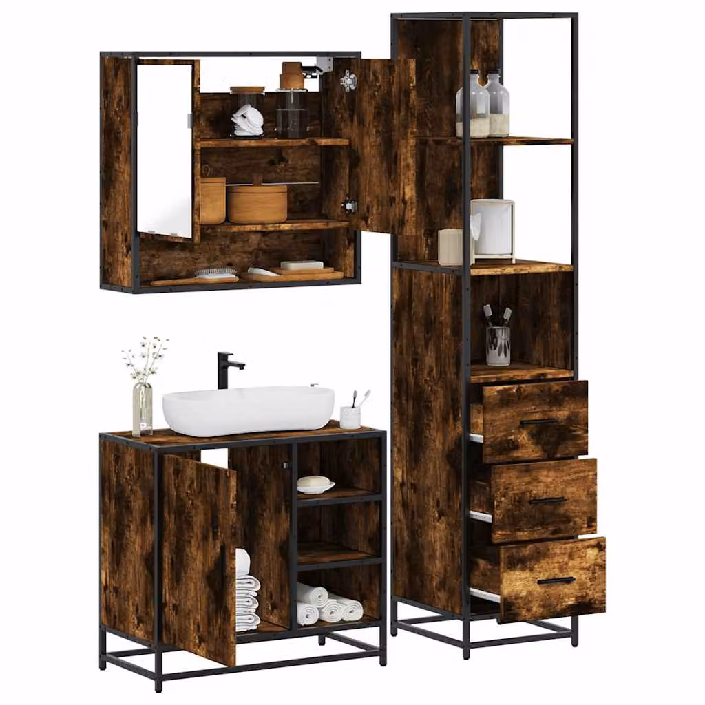 Set di mobili da bagno industrial vidaXL in legno e metallo marrone composto da armadietto con specchio, mobile lavabo e colonna alta
