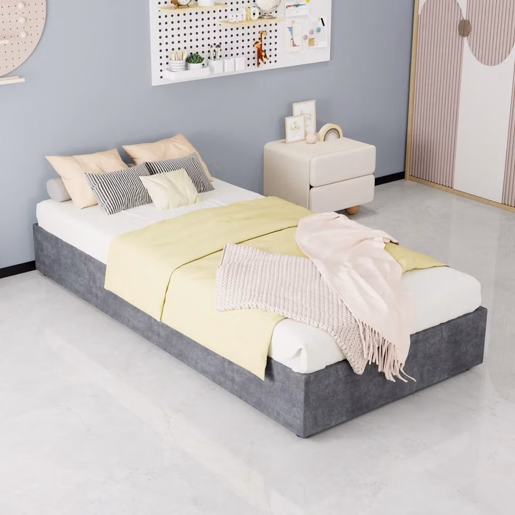 Struttura letto Mivray moderna in tessuto e metallo grigio, L/P/H: 90 x 200 cm – 2