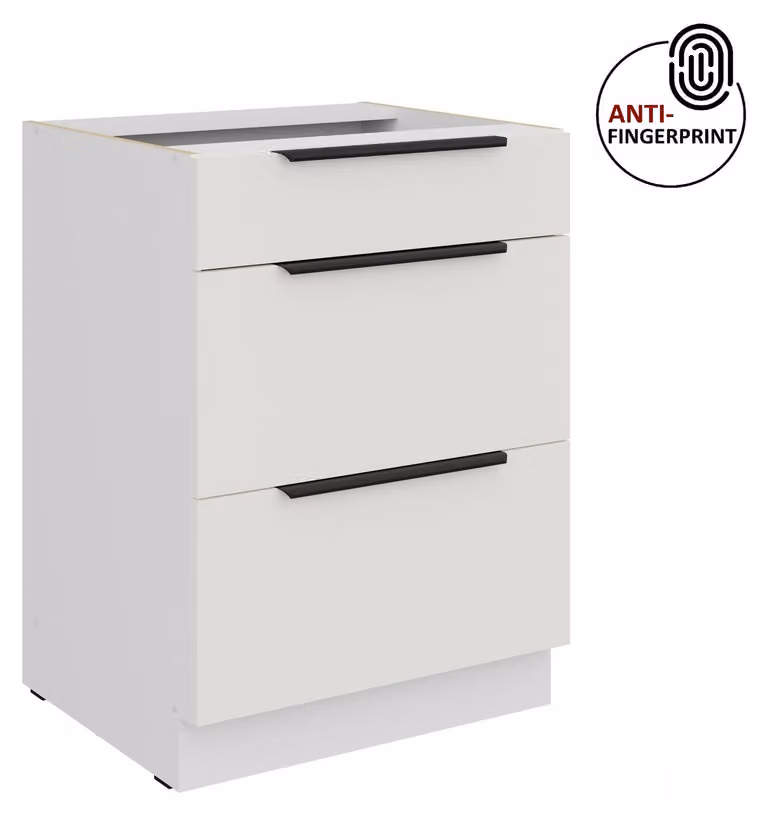 Mobile base da cucina da 60 cm, cucina ARIA bianco ultra opaco + bianco opaco, frontali di alta qualità con rivestimento anti-impronta, mobile da cucina con chiusura ammortizzata