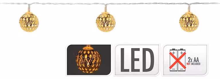 Ghirlanda a batterie con 10 LED a forma di pallina color oro, 1,3 m
