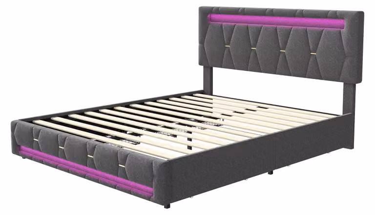 Letto imbottito - Letto matrimoniale 140x200 cm - 4 cassetti - Illuminazione LED - Poggiatesta regolabile - Spazio contenitivo - Tessuto di lino - Grigio chiaro