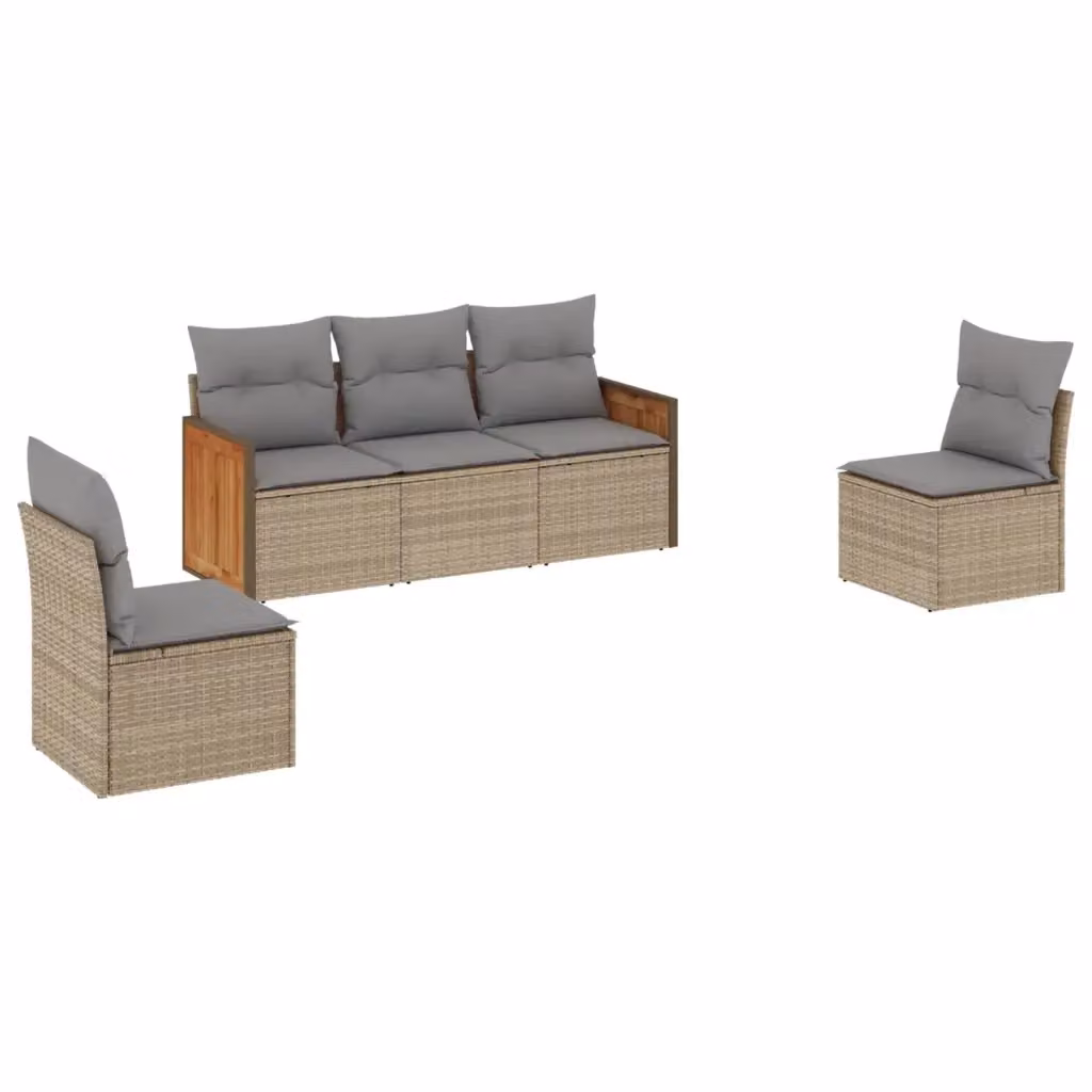 vidaXL Set Divano da Giardino 5 pz in Polyrattan con Cuscini Beige e Grigio e Struttura in Legno di Acacia – 2