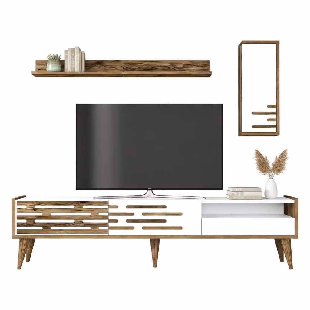 Mobile porta TV DMORA per soggiorno, Credenza moderna in legno e plastica, L: 180 cm, P: 45 cm, H: 35 cm, Bianco – 2