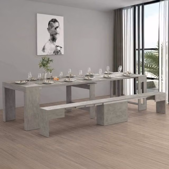 Set tavolo e sedie Badesi di Badenia, composizione moderna con consolle e panca allungabile, Grigio