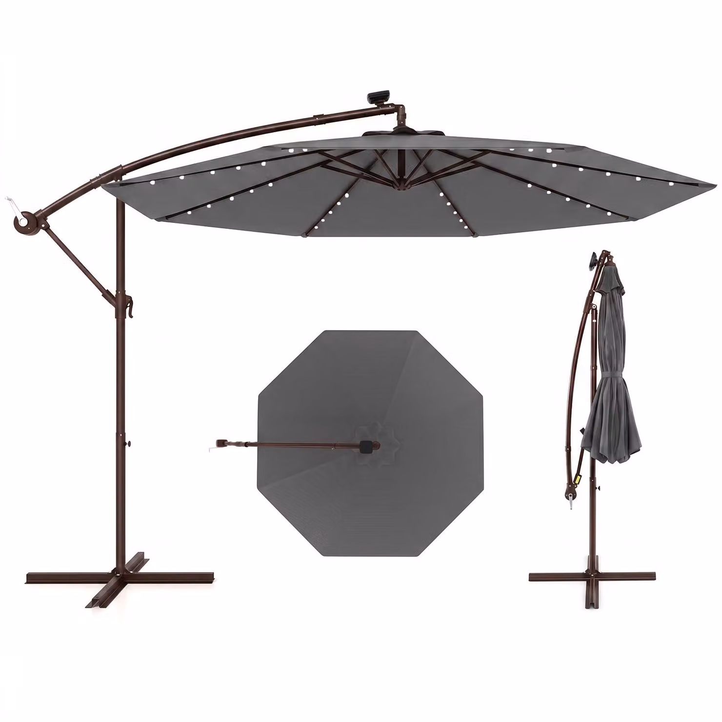 Ombrellone COSTWAY φ300cm, ombrellone a sbalzo con 40 luci LED solari e manovella, ombrellone da giardino, ombrellone da mercato, ombrellone da patio antracite